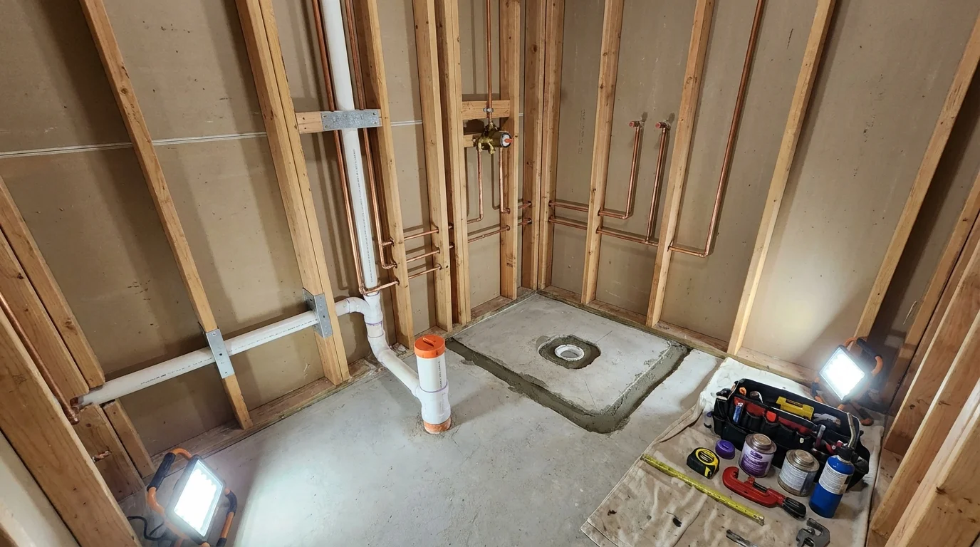 Bathroom rough-in plumbing during remodel by Johns Plumbing LLC in North Vernon