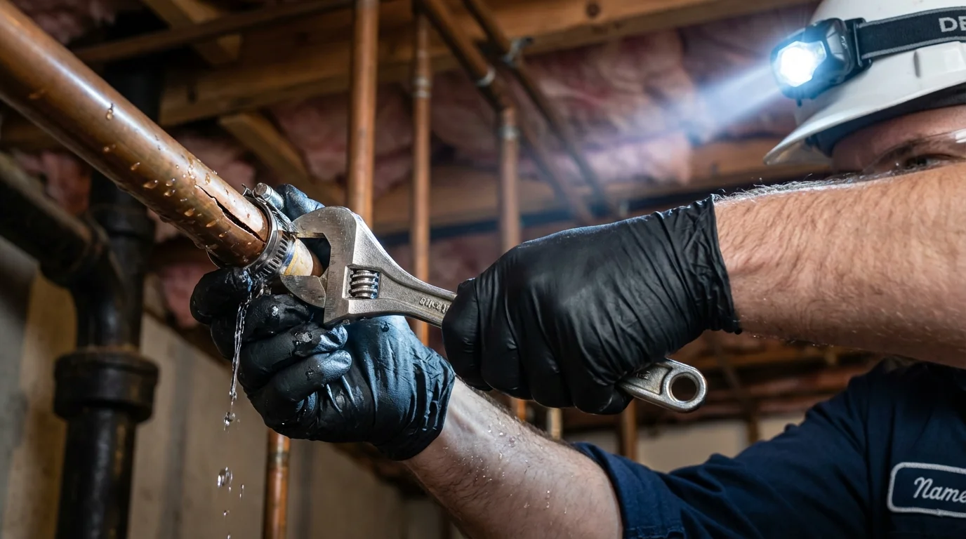 Emergency pipe clamp repair being performed by a Johns Plumbing LLC plumber in North Vernon