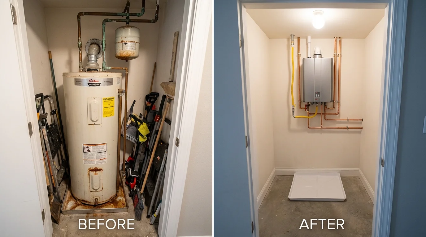 Tank water heater versus wall-mounted tankless unit comparison for North Vernon, IN homeowners