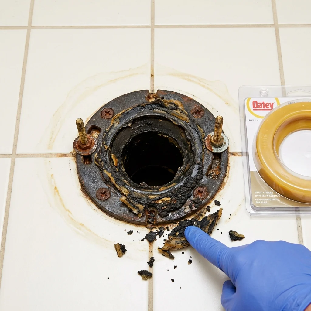 Failed wax ring showing water seepage at the base of a toilet in a North Vernon, IN home