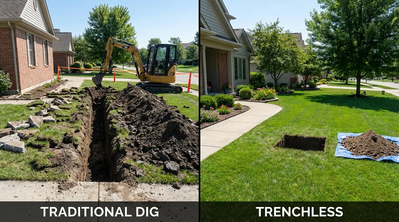 Trenchless sewer repair with minimal yard damage versus traditional excavation in North Vernon, IN