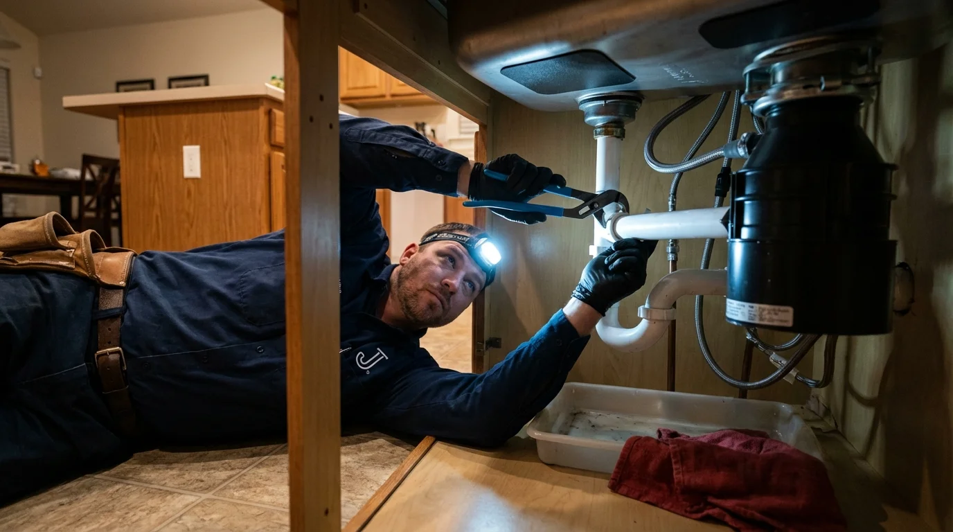 P-trap and supply line connections under a kitchen sink showing a common leak point in North Vernon, IN